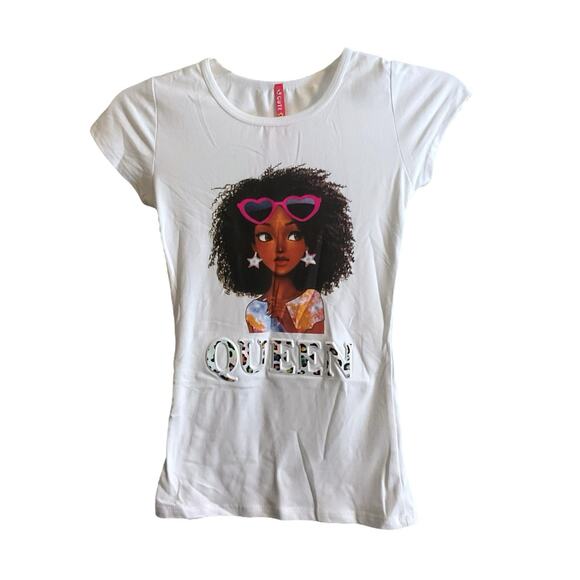 Cute 4 U T-Shirt Girls Black Queen Size S (7-8) White Short Sleeve Raised Letter - Picture 2 of 8